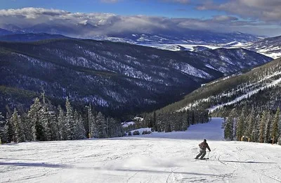 Starfire run view of Dillon, Colorado at end of ski day.