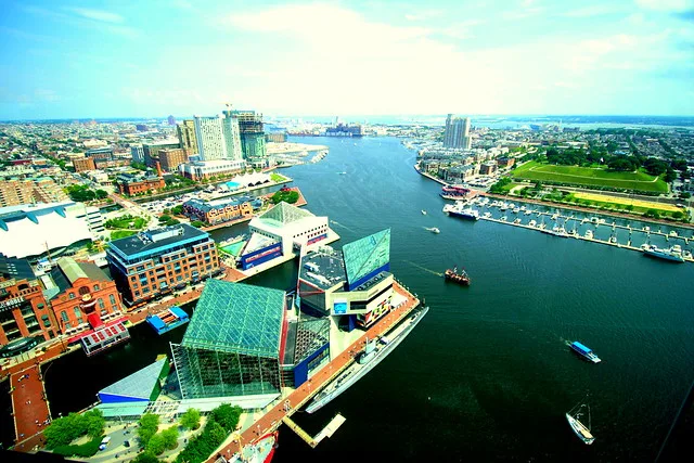 Baltimore Inner Harbor through top of the world observation level