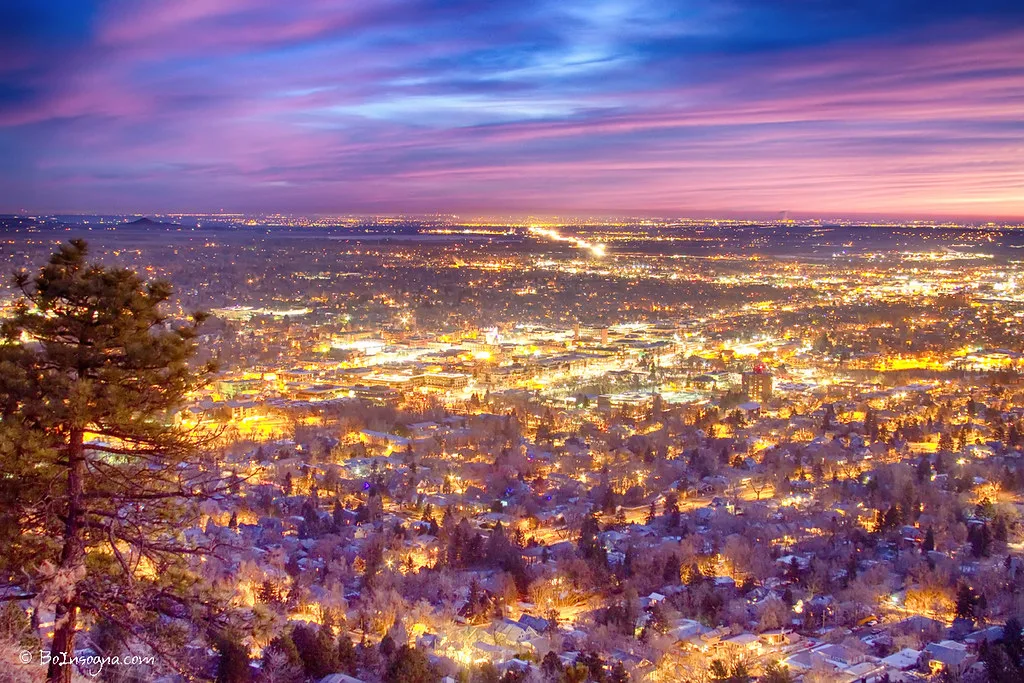 Downtown Boulder Colorado City Lights Sunrise