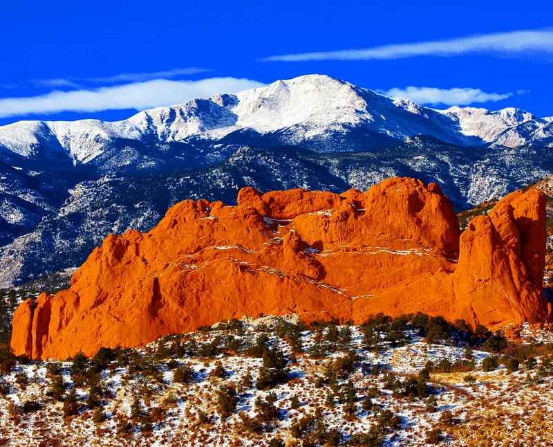 Sweet America, Pikes Peak Mounatin from Garden of the Gods Park, with Kissing Camels in the foreground, located in Colorado Springs, CO.